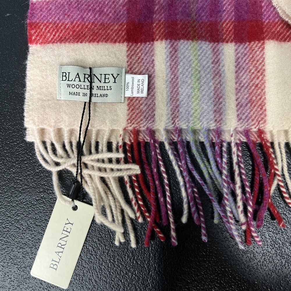 Blarney Woollen Mills Scarf Unisex OS Ivory Plaid 100% Lambswool Made in Ireland - Picture 2 of 5